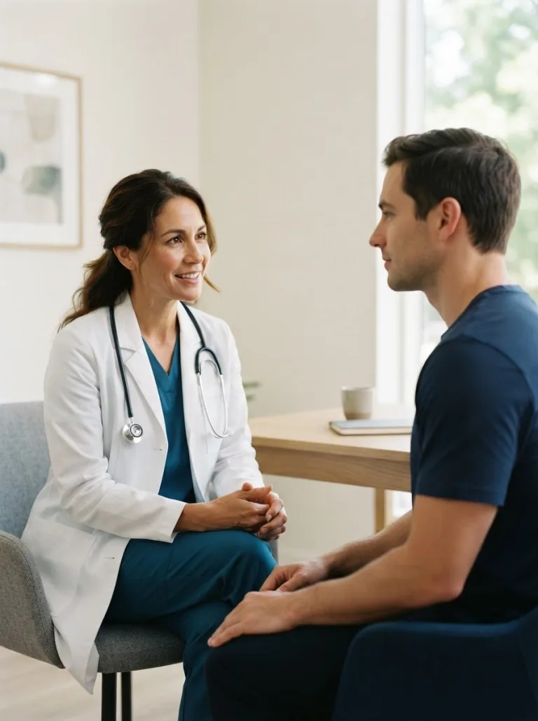 An attractive illustrative unnamed woman physician around 32 to 40 and one anonymous adult man visitor listens attentively during a calm seated consultation-style conversation